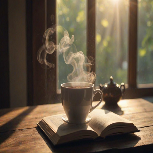 Sharp, high-resolution image of a cup of tea on a wooden table, steam rising from the surface, sunlight filtering through a nearby window, a book open beside the cup, soft shadows cast by the tea leaves floating in the water, a peaceful, quiet atmosphere captured.