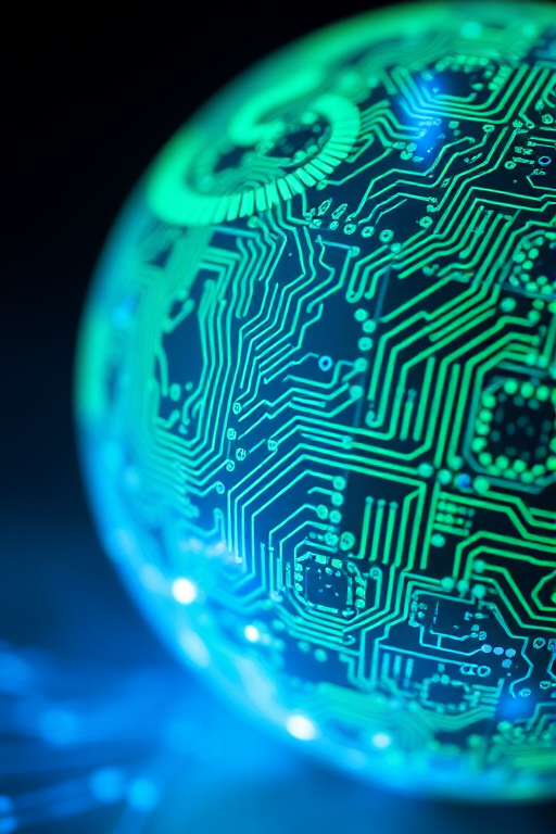 Regenerate an abstract image featuring a spherical object with intricate circuit patterns, illuminated in green and blue hues, captured from a close-up perspective using a DSLR camera at f/8, ISO 100, shutter speed 1/125s, in a soft-focus style.