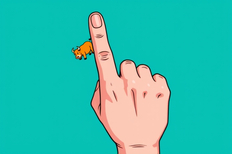 Create an illustration of a hand showing a middle finger, with a cartoonish style featuring a tiny bull on the fingertip, against a vibrant turquoise background; use a Canon EOS R5 camera with a 50mm f/1.2 lens, aperture set to f/2.8, ISO 100, shot from a slightly elevated angle to capture the details and colors vividly.