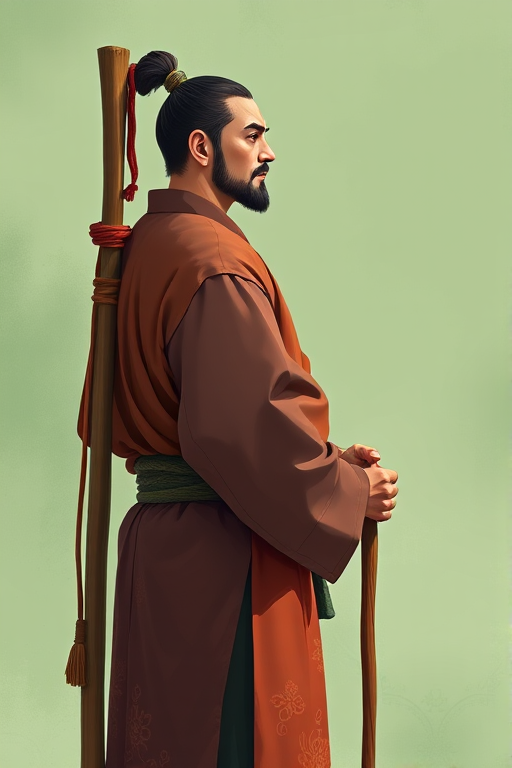 Create a high-resolution illustration of a man in traditional attire standing sideways, holding a wooden staff, with a soft green background; use a Canon EOS R5 with a 50mm f/1.2 lens, aperture set to f/2.8, ISO 100, and a slight vignette effect for depth.