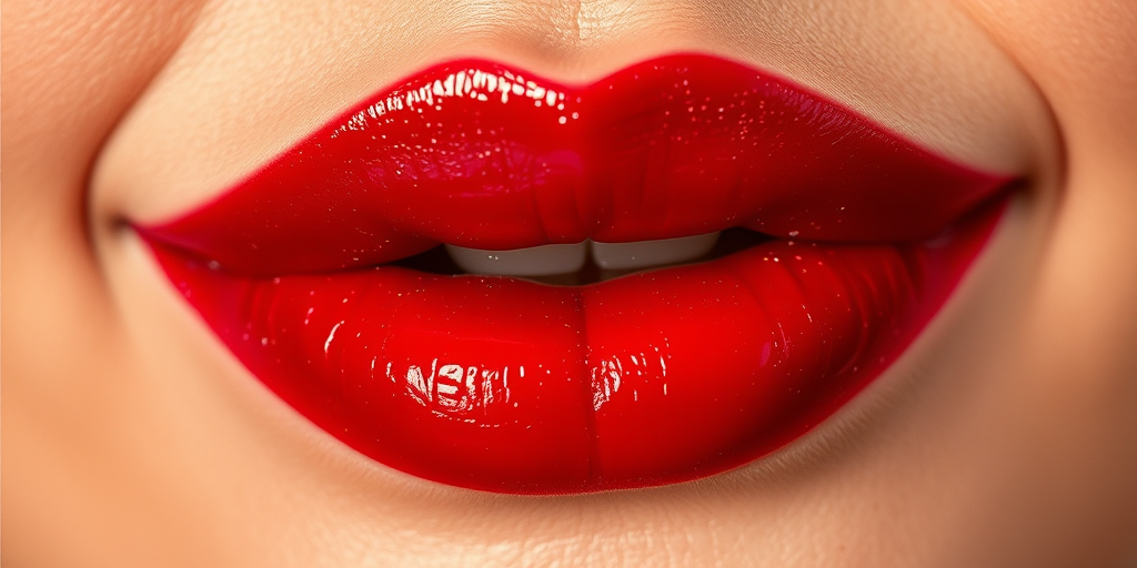 Luscious crimson pout adorned with delicate golden flecks, glossy finish catching the light, plump and voluptuous shape framed by smooth skin, vibrant and alluring Ruby Starlight lips