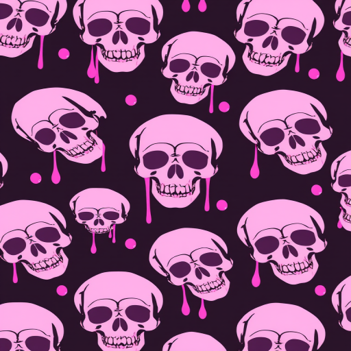 Create a seamless repeating pattern of stylized skulls with dripping effects in shades of pink and purple on a dark background, shot with a DSLR camera at f/8 aperture, ISO 200, 50mm lens, top-down view, flat lay style.