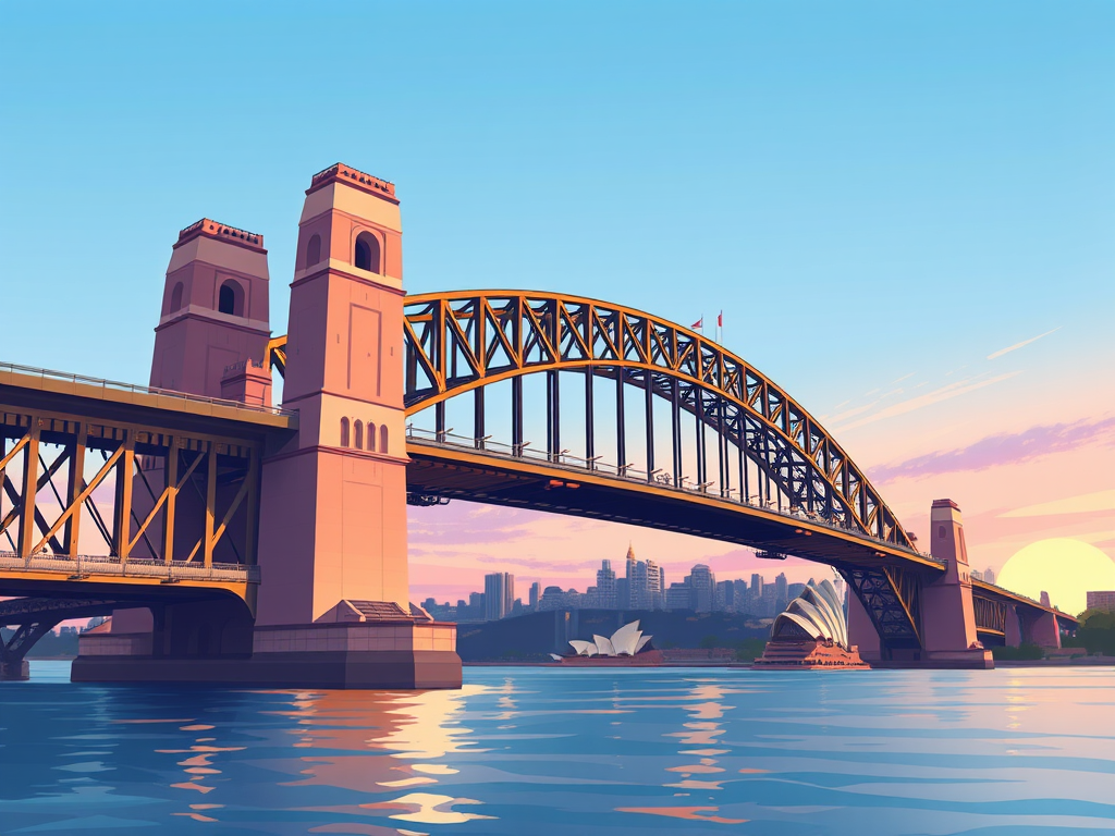 Create a high-resolution illustration of the Sydney Harbour Bridge with intricate details, captured with a 50mm lens at f/8, ISO 100, using a DSLR camera with a wide-angle view, and a clean digital art style for enhanced clarity.