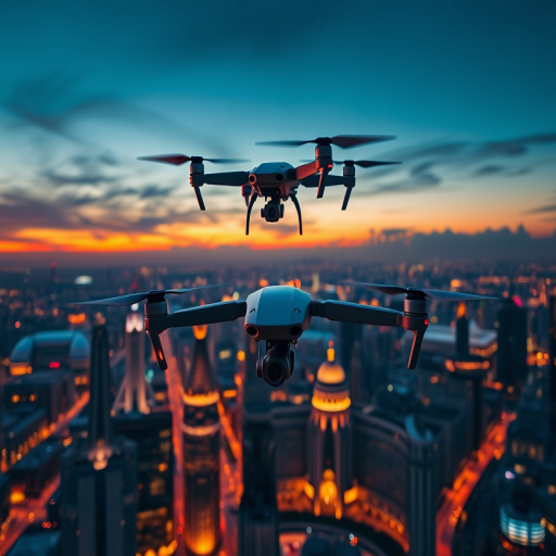 A fleet of advanced drones flying over a futuristic cityscape at sunset, showcasing sleek designs and illuminated features, captured with a DSLR camera, 50mm lens, aperture f/2.8, shutter speed 1/200s, ISO 100, in high dynamic range to enhance detail and color vibrancy.