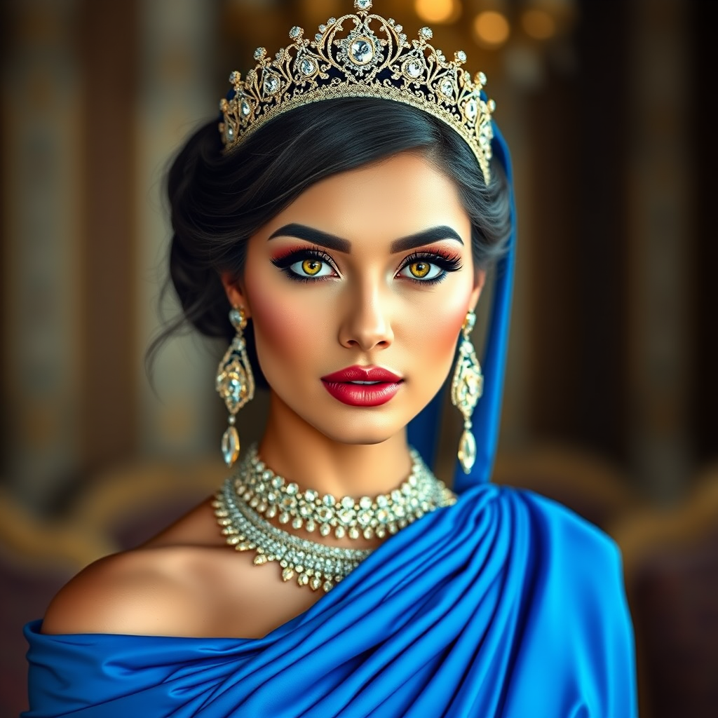 A gorgeous Coptic woman in a luxurious blue gown, accessorized with a dazzling tiara and statement earrings, her deep Yellow eyes highlighted by impeccable makeup, poised in a royal setting, photorealistic, 8K quality
