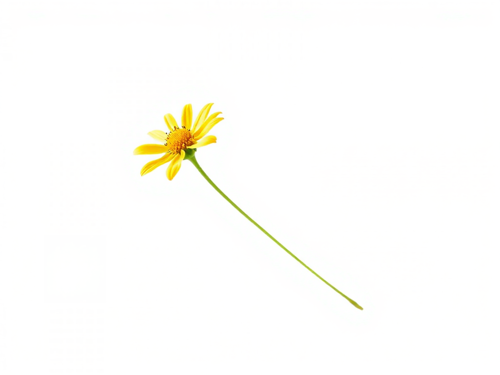 a single yellow flower with a long stem on a clean white background, captured with a DSLR camera using a 50mm lens, aperture f/2.8 for shallow depth of field, ISO 100, soft natural lighting to enhance colors and details