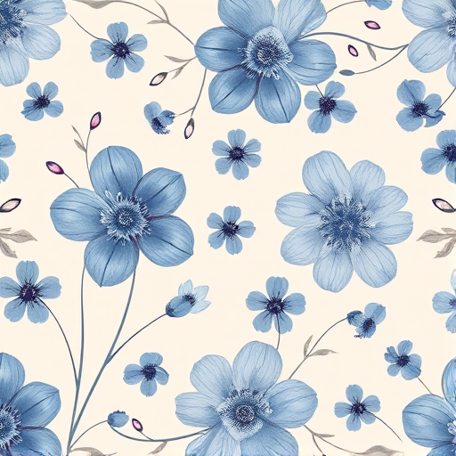 Create a high-resolution floral pattern background featuring blue and gray flowers on a soft beige backdrop, captured with a DSLR camera using a 50mm lens, aperture f/2.8, ISO 100, and a soft focus effect for an artistic touch.