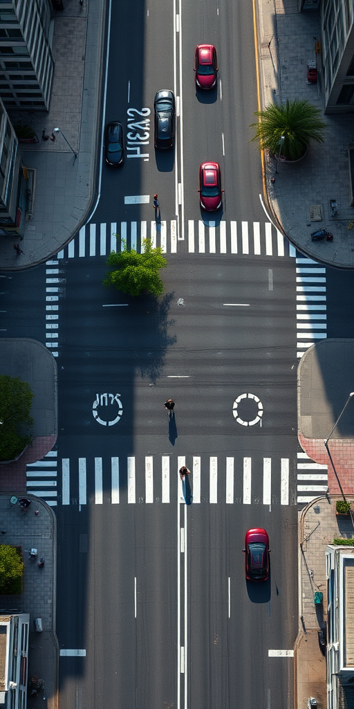 Aerial view of a busy urban intersection with multiple cars and pedestrians crossing, using a DSLR camera with a 50mm lens, f/2.8 aperture, ISO 100, 1/250 sec shutter speed for sharp detail and high contrast in natural lighting.