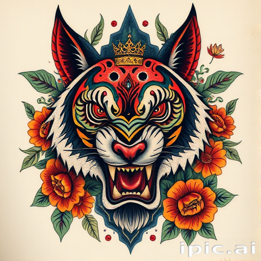 Neo-traditional tattoo called "Savage Beauty" showcasing a fierce animal portrait surrounded by bold, saturated colors and thick outlines, incorporating elements of nature and symbolism