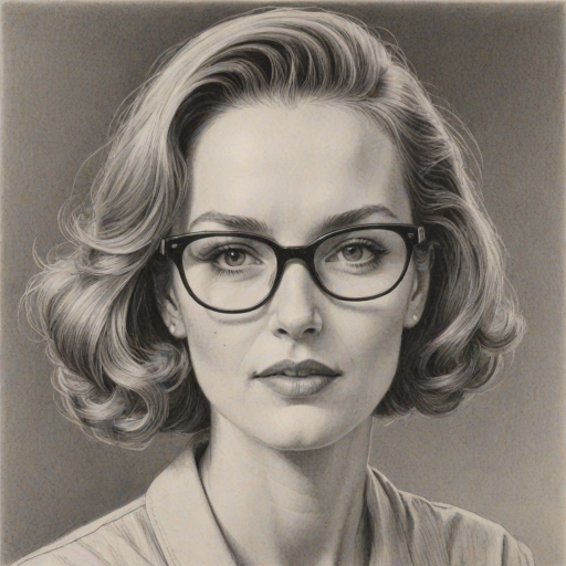 Fascinating Kerry Bishe, pencil sketch, portrait of Pleasing woman 1958s in glasses, hair style beatnik, outline, clear lines, fine lines, 8k