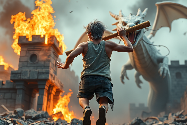 Cartoon 3D High-Resolution,dynamic battle scene using Unreal Engine 5 and Octane Render. The scene features back of an elderly, thai man with a beard,messy hair and round golden-rimmed glasses. He is wearing a tattered tank top with soot marks, shorts, and sandals. sweating. he wields a baseball bat. He jump to fight with a white fire-breathing Europe dragon amidst a partially destroyed stone castle. Include intense flames, smoke, and debris to enhance the dramatic effect.