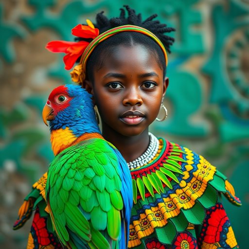 A beautiful Garifuna girl, wearing colorful bird clothing with vibrant colors
