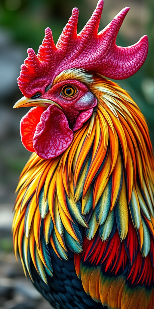 Create a detailed illustration of a vibrant rooster with swirling colors and intricate patterns, captured with a Canon EOS R5, 50mm lens, f/1.8 aperture, ISO 200, in natural lighting to enhance textures and colors.