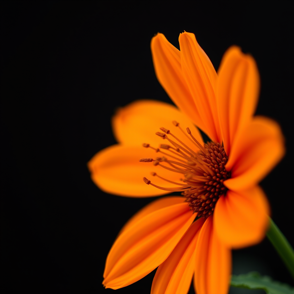 a close-up of a vibrant orange flower on a black background, aperture f/2.8, ISO 100, 50mm lens, soft focus style, DSLR camera