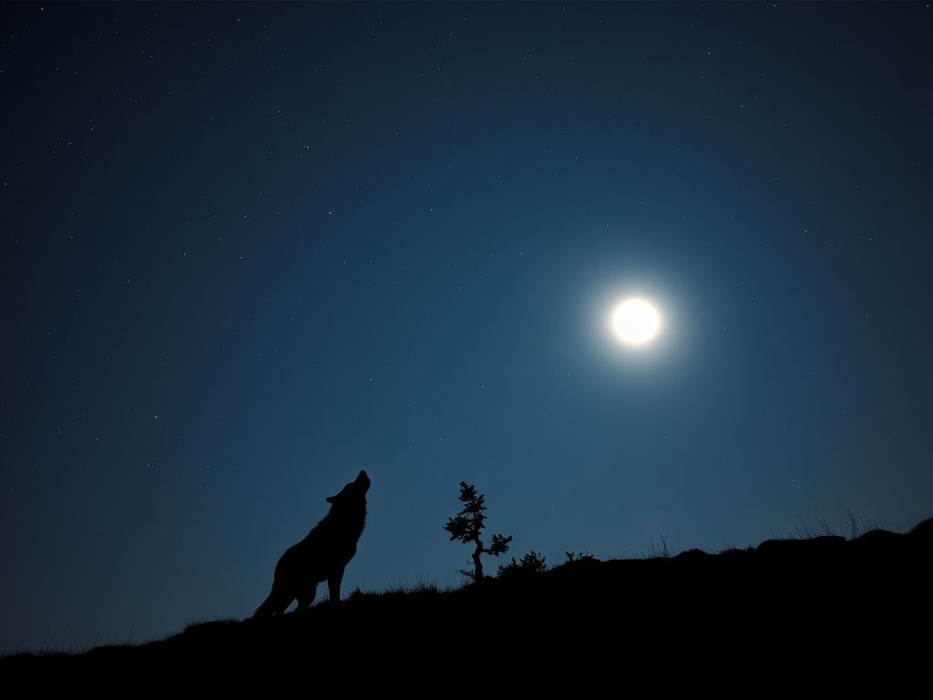 A silhouette of a wolf howling at a bright full moon in a starry night sky, with a single tree in the foreground, captured with a Canon EOS R5, 24mm lens, f/2.8 aperture, ISO 800, shutter speed 30 seconds, wide-angle view, night photography style.
