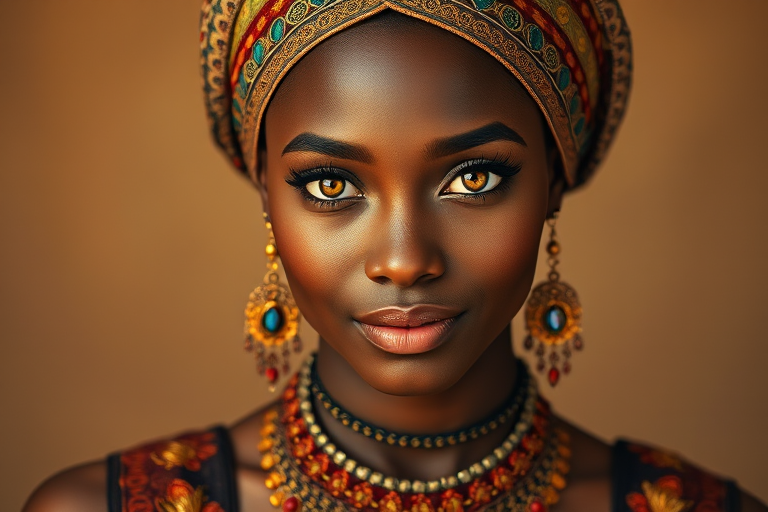 Create a portrait of a beautiful Mulatto woman with striking Yellow eyes and a gentle expression. She is adorned in traditional attire with intricate patterns, including a richly embroidered headscarf and matching garments. Her jewelry includes a delicate headpiece, dangling earrings, and ornate bracelets, all featuring vibrant gemstones and detailed metalwork. The background is soft and warm, enhancing the rich colors of her outfit and jewelry.