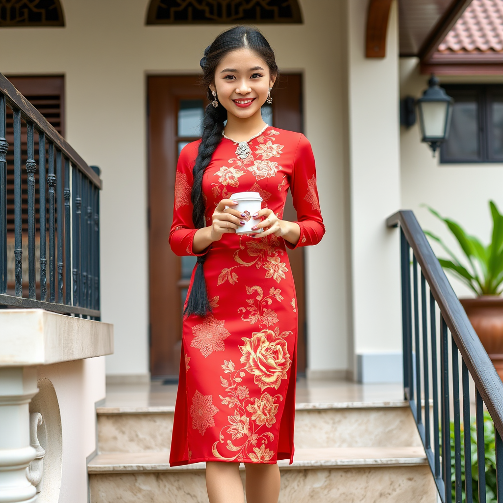 Chinese girl with a sweet smile wearing a red shivalai Thai dress, diamond jewelry, braided hair, holding a cup of hot coffee, wearing white high heels, standing on the stairs, Thai style house.