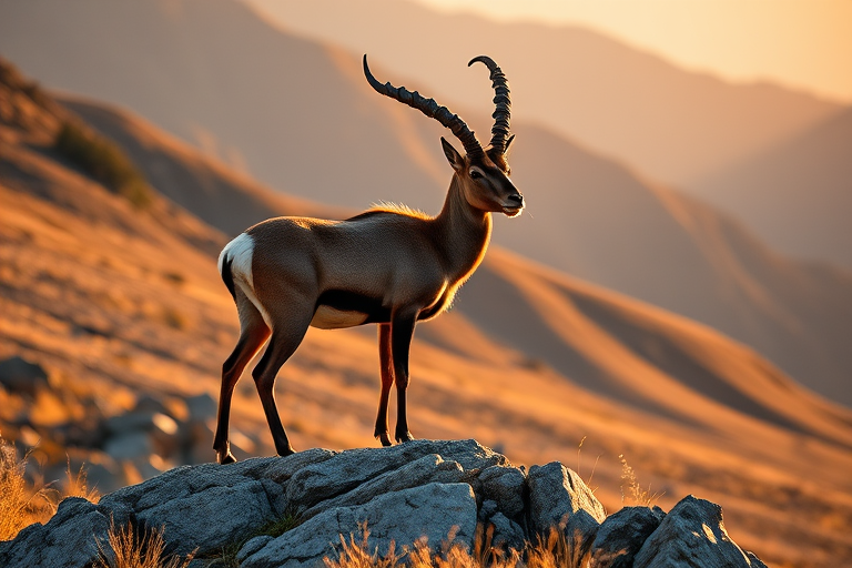 Create an image of a majestic ibex standing on a rocky outcrop in a mountainous landscape during the golden hour, using a DSLR camera with a 50mm lens at f/2.8, ISO 200, and a shutter speed of 1/250s, capturing a shallow depth of field with a slightly blurred background for enhanced image quality.