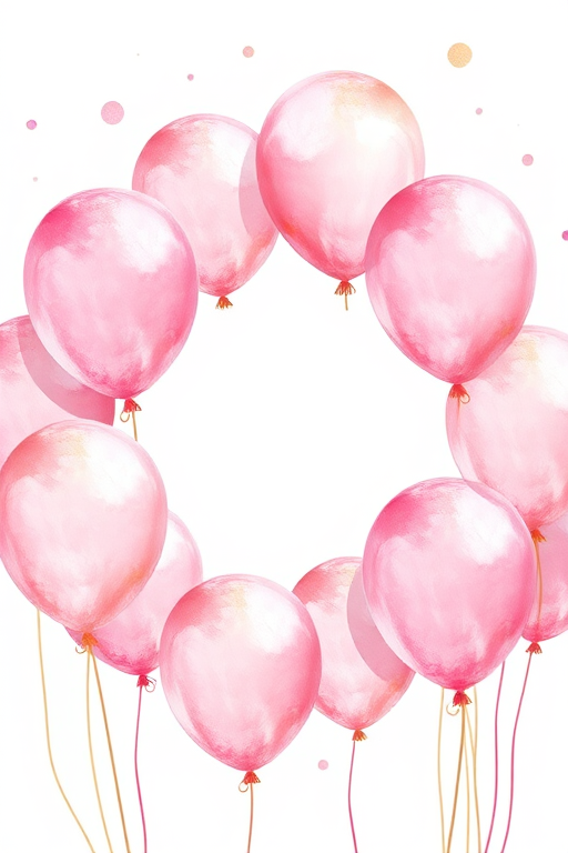 Create a watercolor illustration of pink and gold balloons with a blank white center for text, using a Canon EOS R5 camera, 50mm lens, f/2.8 aperture, 1/200 sec shutter speed, and natural soft lighting to enhance image quality.