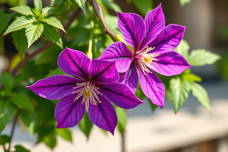 Create a highly detailed illustration of two vibrant purple clematis flowers with lush green leaves, captured with a DSLR camera at f/2.8 aperture, 50mm lens, 1/200s shutter speed, in natural soft light, with a shallow depth of field for a blurred background effect.