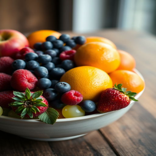 a bowl of assorted fruits including apples, oranges, raspberries, blueberries, grapes, and strawberries on a wooden table, soft natural lighting, shallow depth of field, captured with a DSLR camera, 50mm lens, f/2.8 aperture, ISO 200, 1/100 sec shutter speed, moody and rich colors