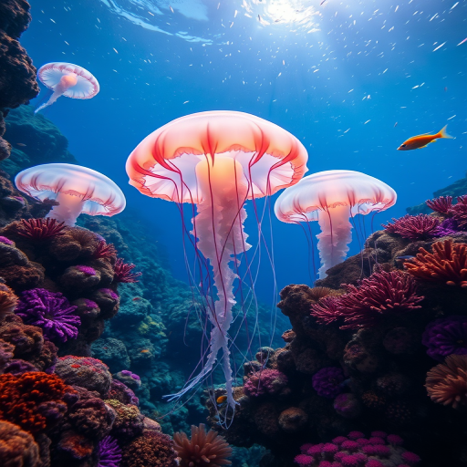 highly detailed underwater scene of glowing jellyfish surrounded by colorful coral reefs and small fish, soft ambient lighting, 50mm lens, f/5.6, ISO 200, shot at 1/125 sec, using a full-frame DSLR camera, wide-angle view to capture depth and detail in the underwater environment