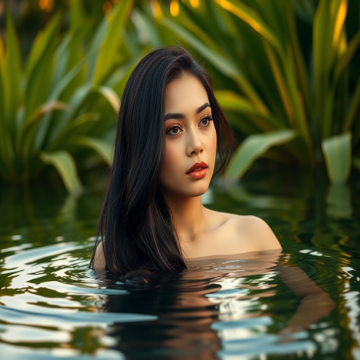 Generate a serene portrait of a woman with long dark hair floating in calm water, surrounded by lush green plants in a tropical setting, captured with a Canon EOS R5, 50mm lens, f/1.8 aperture, ISO 100, at golden hour lighting for soft and warm tones.