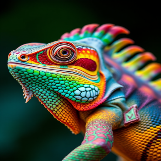 Create a vibrant, high-resolution image of a colorful iguana with intricate patterns, using a macro lens with a shallow depth of field, at f/2.8, ISO 100, and 1/200s shutter speed, from a slightly low angle to enhance its majestic appearance against a softly blurred, dark green background.