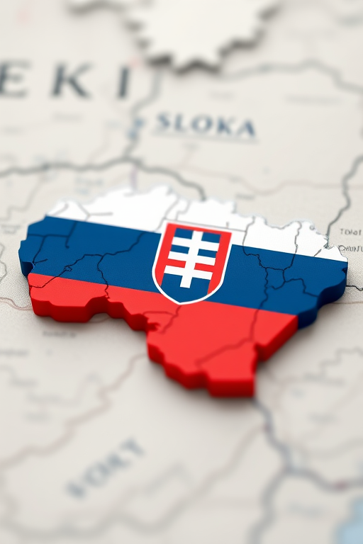 Create a high-resolution image of the map of Slovakia with the Slovak flag colors, focus on vibrant colors and sharp details, use a DSLR camera with a 50mm lens, aperture set to f/2.8, ISO 100, natural daylight, and a slight tilt-shift effect to enhance depth.