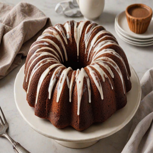 Create an image of a freshly baked bundt cake with a marbled pattern of chocolate and vanilla. The cake should be dusted with powdered sugar and displayed on a cooling rack. The background should be a neutral kitchen surface to highlight the cake's details.