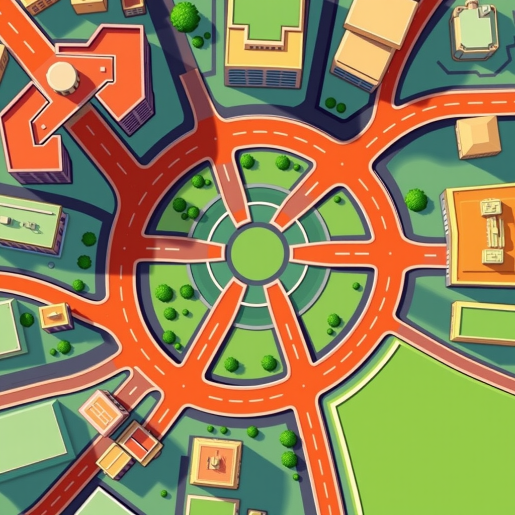 Create a detailed map illustration with vibrant colors, featuring a roundabout at the center, clearly marked roads in orange, and surrounding buildings in soft green and beige, using a top-down view, with high resolution and vector style, captured via a digital illustration technique.