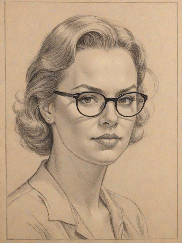 Pleasing Agnes Bruckner, pencil sketch, portrait of Superb woman 1937s in glasses, hair style beatnik, outline, clear lines, fine lines, 8k