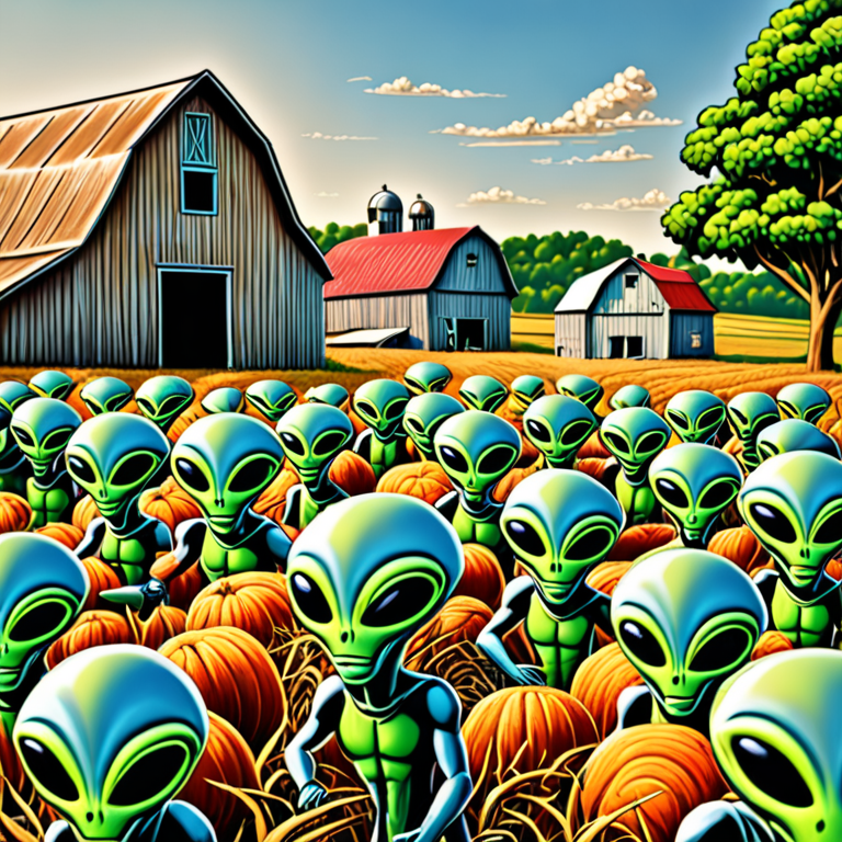 Alien horde, cartoon art style on a farm
