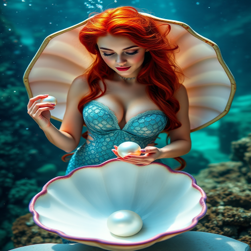 Generate a high-resolution image of a mermaid holding a pearl in a clam shell, vibrant colors, underwater scene, using a DSLR camera with a 50mm lens, aperture f/2.8, ISO 200, shot from a low angle to emphasize the mermaid's features and elegance.