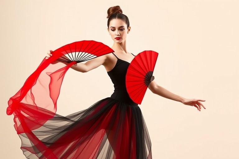 Create an artistic depiction of a ballerina with a red fan, wearing a black and red outfit, standing in a graceful pose against a soft, neutral background, captured with a Canon EOS R5, 85mm lens, f/1.8 aperture, ISO 100, in natural light for enhanced detail and depth.