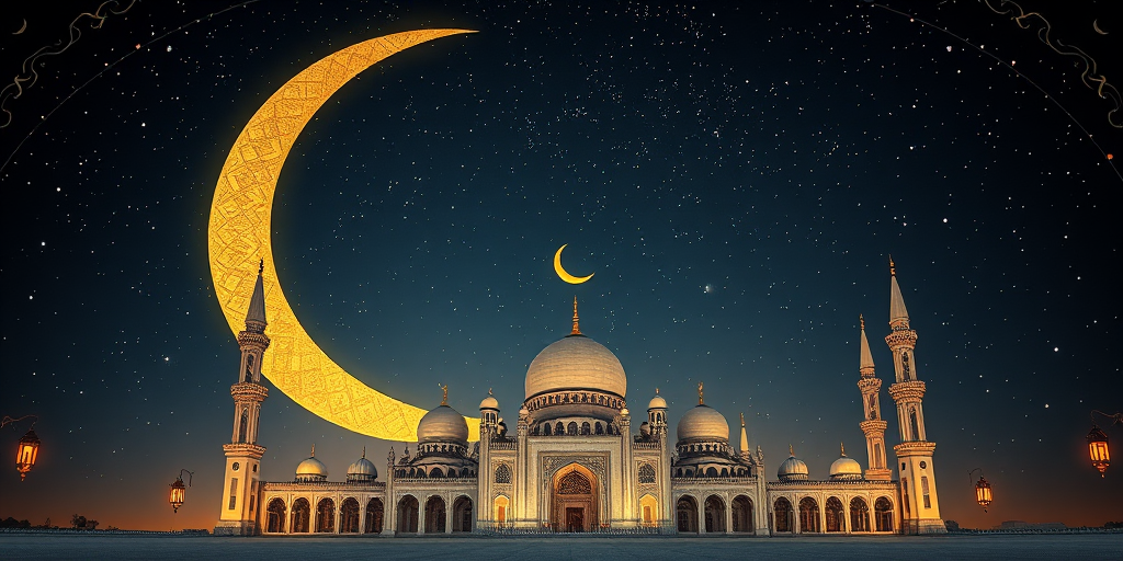 Create an intricate Islamic pattern featuring a large crescent moon, a mosque with domes and minarets, and decorative lanterns under a starry sky, using a DSLR camera, ISO 100, f/8 aperture, 50mm lens, and landscape orientation to enhance the image quality.