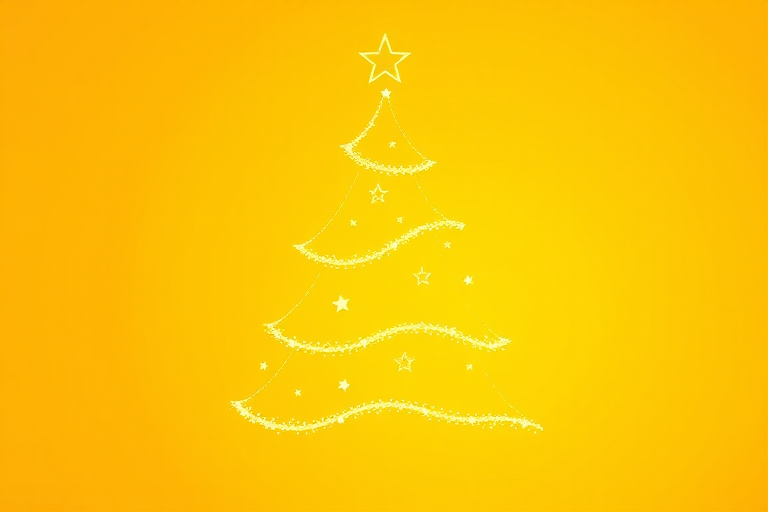 Create a glowing Christmas tree design with a wavy golden outline and yellow stars on a bright yellow background, captured with a DSLR camera at f/2.8, ISO 100, 50mm lens, shot from a slightly elevated angle with a soft focus style for enhanced clarity and vibrancy.