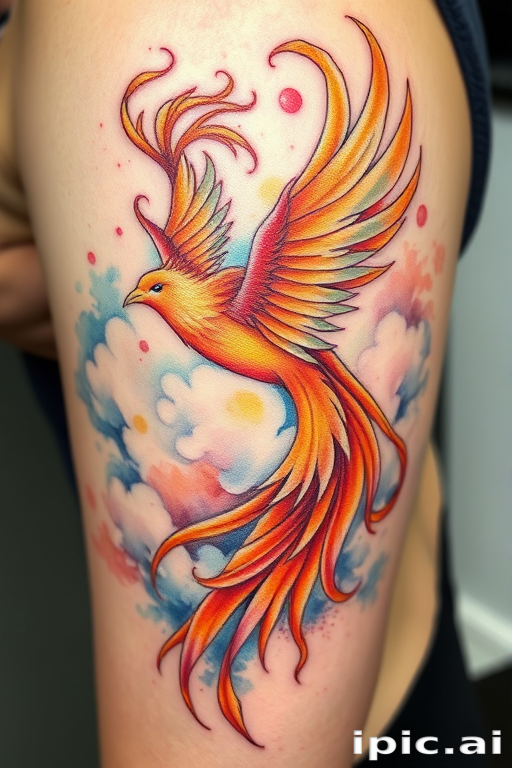 Vibrant watercolor tattoo depicting a majestic phoenix rising from ashes, feathers blending into swirling clouds, intricate details in soft pastels and bold oranges, ethereal and dreamlike quality