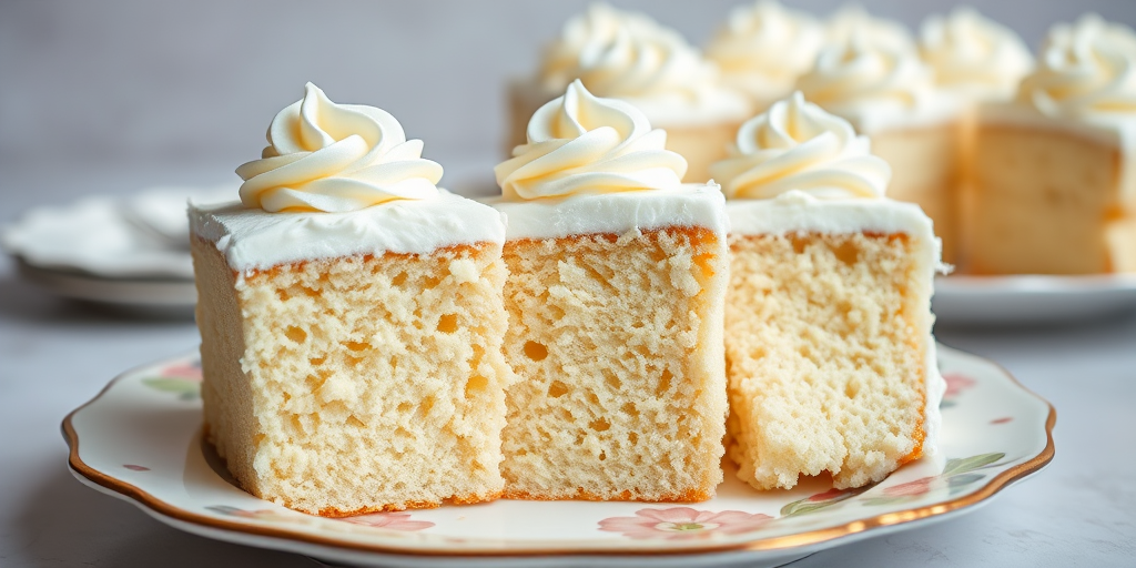 A close-up view of three slices of white cake with fluffy whipped cream frosting arranged on a decorative plate with a light background and soft focus on additional cake slices in the background. The cake has a rich texture and is beautifully presented with swirls of frosting on top.