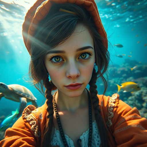 Realistic selfie image of a Romani, wearing a vintage outfit, detailed dreamy eyes, droopy hooded eyes, staring at the camera, taken underwater at coral reef with a sunbeam filtering through the water, vibrant, summer vacation, natural lighting, turtle and school of tropical fish with vibrant colors, rendered in the style of CryEngine, Pegi Nicol MacLeod, with realistic genre scenes, hauntingly beautiful narratives, ultra-realism, and Thomas Saliot's close-up technique, 8K resolution, crystal clear and sparkling water.