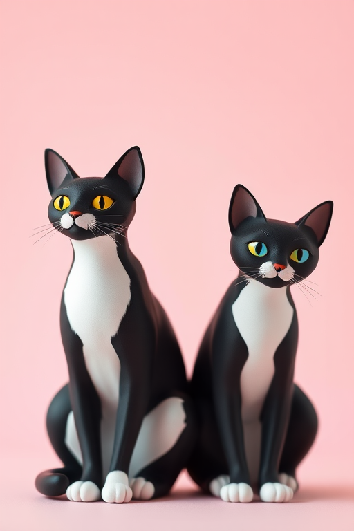 Create an image of two stylized cats, one black and one white, sitting side by side against a soft pink background, shot with a Canon EOS R5, 50mm lens, f/1.8 aperture, ISO 100, and a shallow depth of field for a blurred background effect.