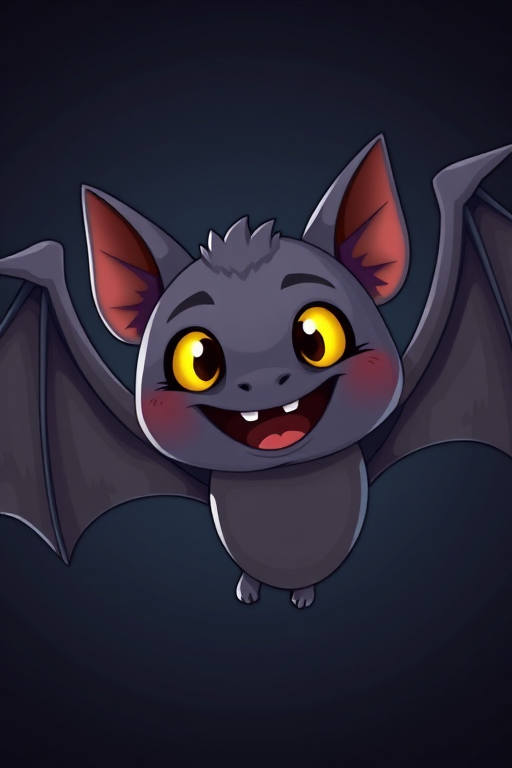 Create a high-resolution illustration of a cartoon bat with glowing yellow eyes against a dark background, using a Canon EOS R5 camera, 50mm lens, f/2.8 aperture, ISO 100, and a wide-angle view to emphasize the bat's features.