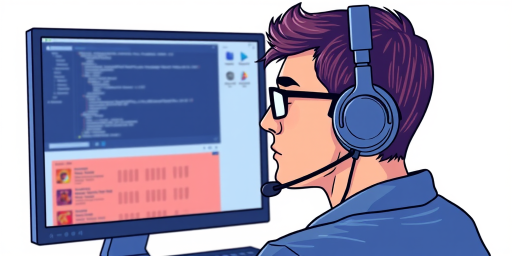 Create a vector-style illustration of a person wearing a headset in front of a computer screen, with a clean white background, using a Canon EOS R5 with an 85mm f/1.4 lens at ISO 100, f/2.8, shooting from eye level for sharp focus and vibrant colors.