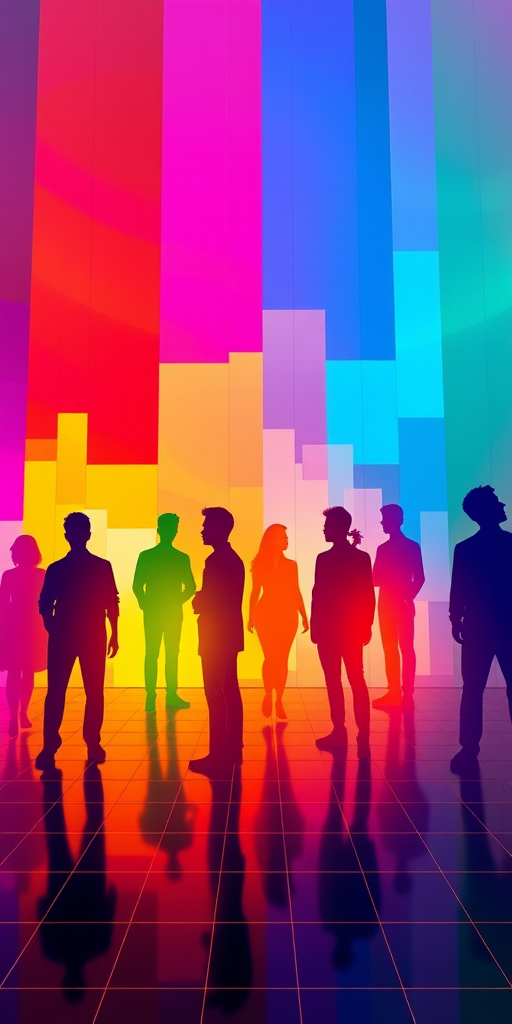 create a vibrant, abstract digital artwork depicting stylized human silhouettes with colorful gradients and a grid overlay, using a DSLR camera with a wide-angle lens at f/8, ISO 100, and 1/125 sec exposure in high resolution, capturing a dynamic and immersive perspective.