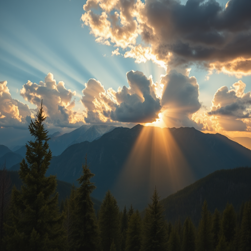 Regenerate a scenic mountain landscape during golden hour with dramatic clouds and sun rays breaking through, focus on foreground pine trees, DSLR camera, f/11 aperture, 1/125 sec shutter speed, ISO 200, wide-angle lens, high dynamic range photography.