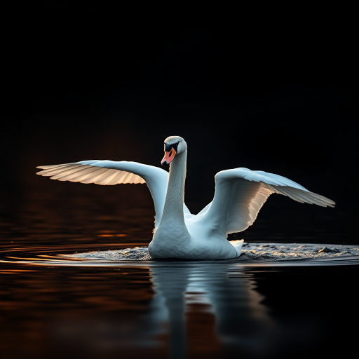 Swan spreading its wings in a dark lake at sunset, captured with a Canon EOS 5D Mark IV, 50mm lens, f/4.0, ISO 200, shutter speed 1/500s, focus on the swan with a shallow depth of field to emphasize the subject against a blurred background.