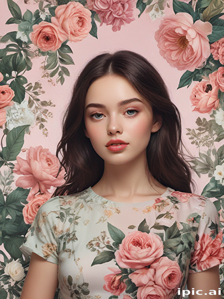 Elegant Portrait of a Young Woman Surrounded by Beautiful Floral Patterns