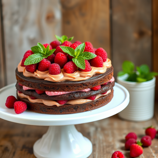 A richly decorated chocolate cake with layers of vibrant raspberry filling and frosting topped with fresh raspberries and mint leaves on a white cake stand with a rustic wooden background.