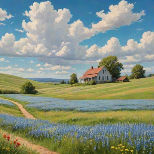 Serene countryside scene, with rolling hills, a quaint farmhouse surrounded by blooming wildflowers, and a blue sky dotted with fluffy clouds, evoking a sense of tranquility.