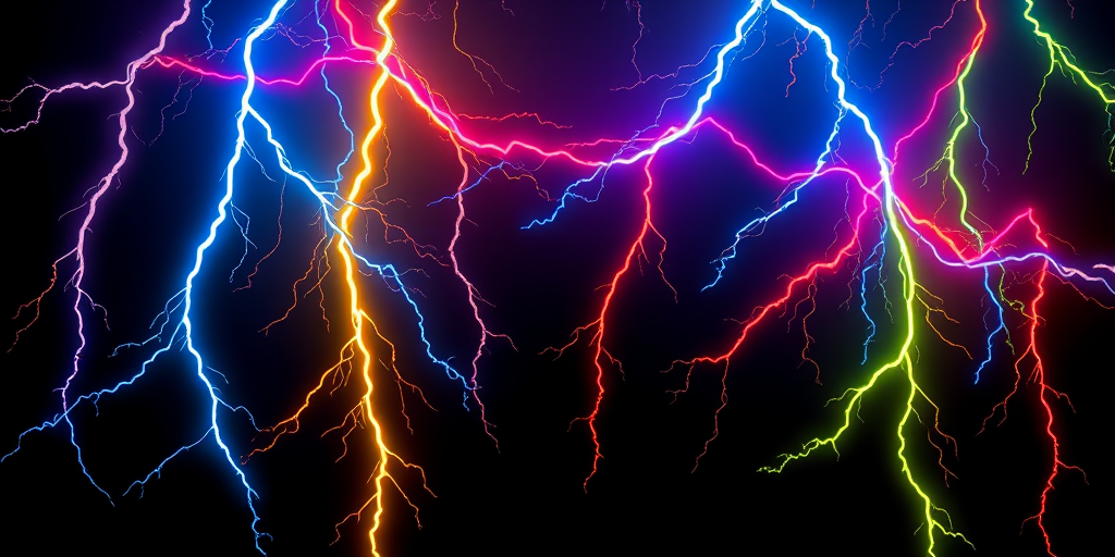 Generate a vibrant abstract image of colorful lightning bolts in various hues of blue, red, yellow, and green on a dark background with a resolution of 1920x1080, using a DSLR camera at f/4, ISO 100, with a 24mm lens, in a high dynamic range style.
